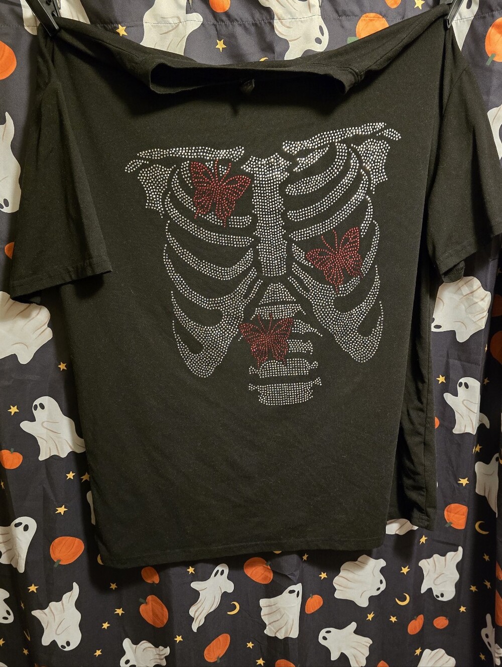 SHEIN Black Short-Sleeve Rhinestone Skeleton Tee with Red Butterfly Accents